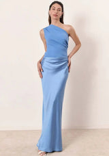 Aurelia | Women's One-Shoulder Asymmetric Draped Satin Party Maxi Dress — view 4