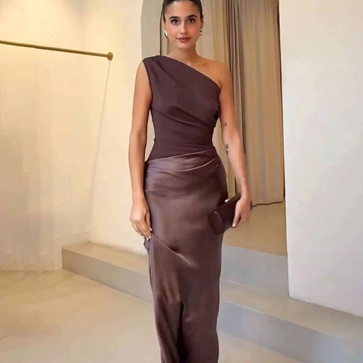 Aurelia | Women's One-Shoulder Asymmetric Draped Satin Party Maxi Dress — view 5