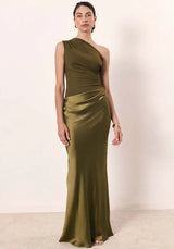 Aurelia | Women's One-Shoulder Asymmetric Draped Satin Party Maxi Dress — view 7
