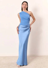 Aurelia | Women's One-Shoulder Asymmetric Draped Satin Party Maxi Dress — view 8