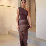 Aurelia | Women's One-Shoulder Asymmetric Draped Satin Party Maxi Dress — view 9