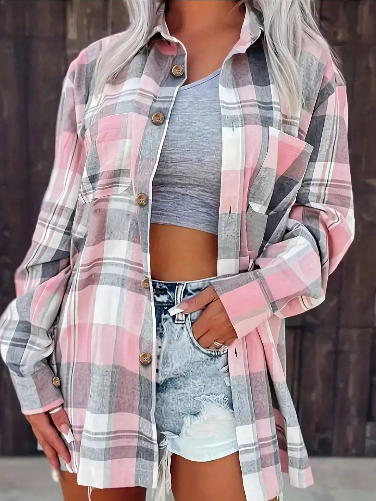 Violette | Women's Oversized Plaid Flannel Shirt — view 2