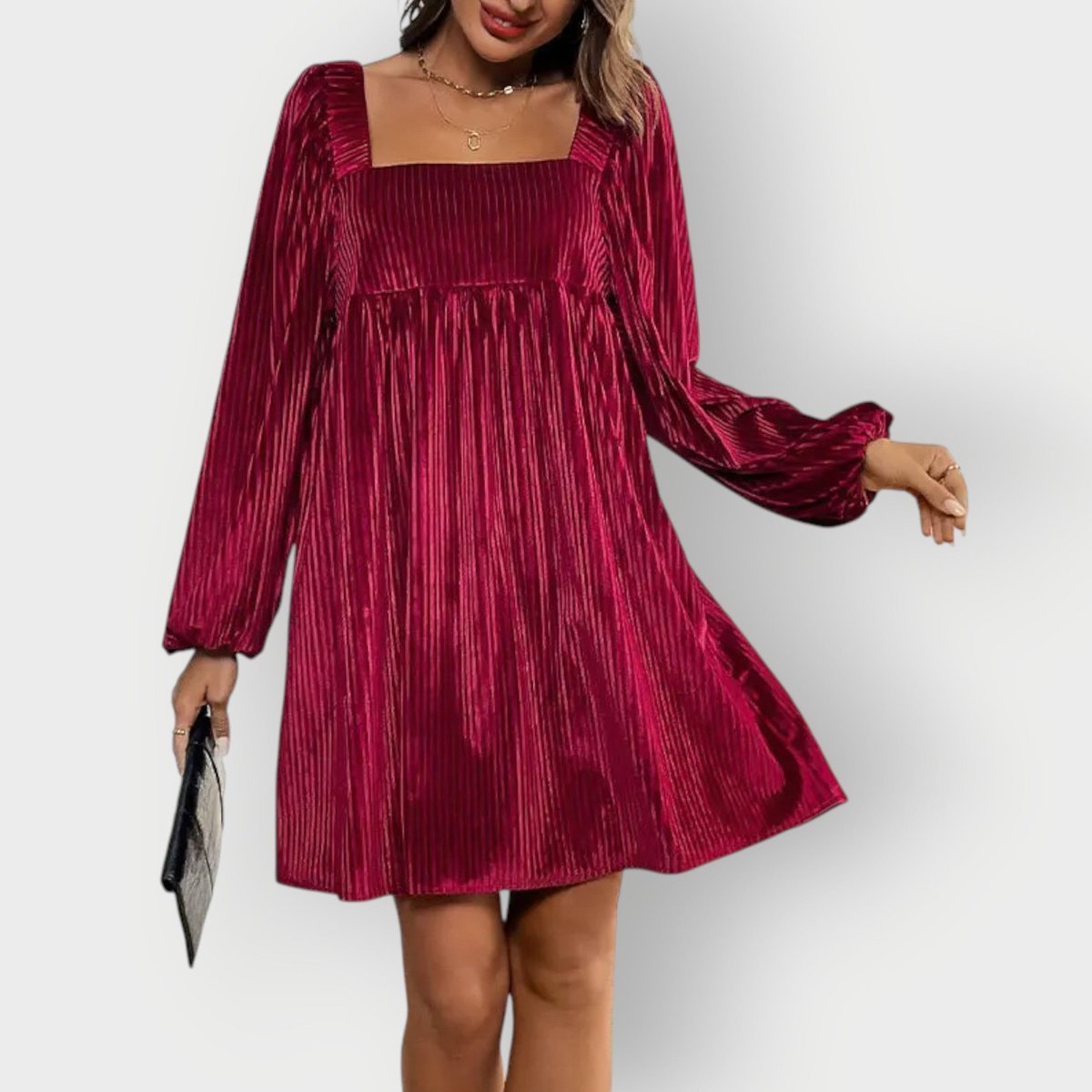 Adalyn | Women's Pleated Velvet Square-Neck Bishop Sleeve Mini Dress — view 2