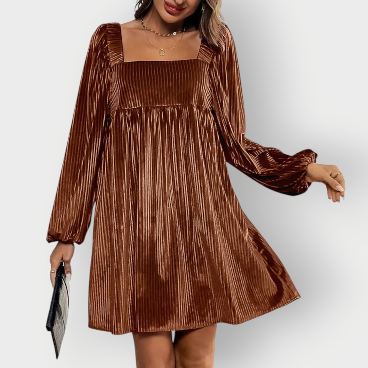 Adalyn | Women's Pleated Velvet Square-Neck Bishop Sleeve Mini Dress — view 3