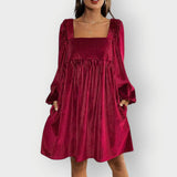 Adalyn | Women's Pleated Velvet Square-Neck Bishop Sleeve Mini Dress — view 4