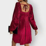 Adalyn | Women's Pleated Velvet Square-Neck Bishop Sleeve Mini Dress — view 5