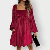 Adalyn | Women's Pleated Velvet Square-Neck Bishop Sleeve Mini Dress — view 6