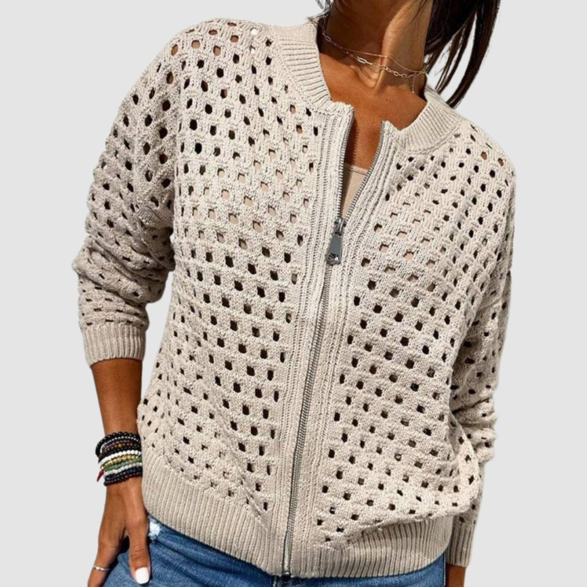 Évarine | Women's Hollow-Knit Zip-Up Cardigan — view 2