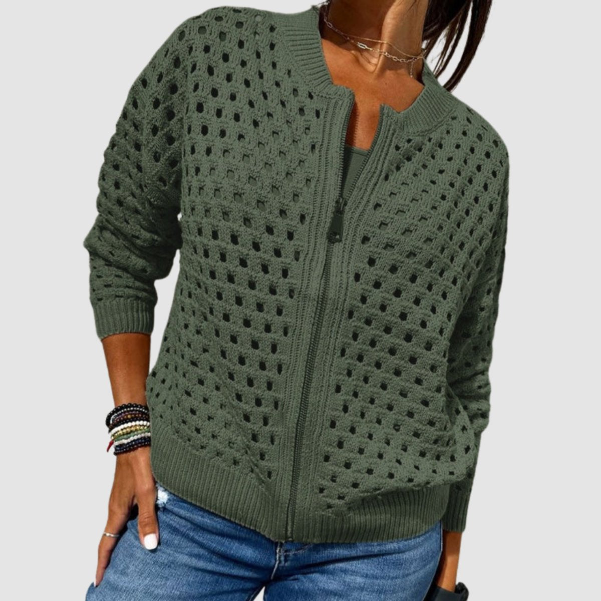 Évarine | Women's Hollow-Knit Zip-Up Cardigan — view 3