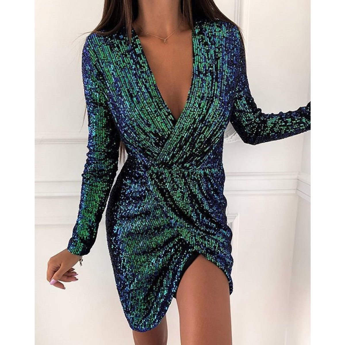 Zadie | Women's Sequin V-Neck Long Sleeve Wrap Party Dress — view 8