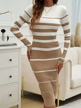 Women's Striped Ribbed Knit Long Sleeve Midi Dress — view 10