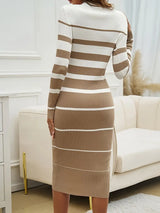 Women's Striped Ribbed Knit Long Sleeve Midi Dress — view 12