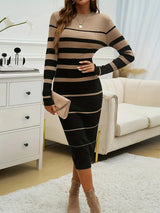 Women's Striped Ribbed Knit Long Sleeve Midi Dress — view 2