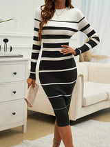 Women's Striped Ribbed Knit Long Sleeve Midi Dress — view 5