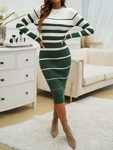 Women's Striped Ribbed Knit Long Sleeve Midi Dress — view 8