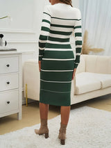 Women's Striped Ribbed Knit Long Sleeve Midi Dress — view 9