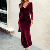 Thalia | Women's Velvet V-Neck Wrap Bodycon Maxi Dress — view 1