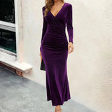 Thalia | Women's Velvet V-Neck Wrap Bodycon Maxi Dress — view 3