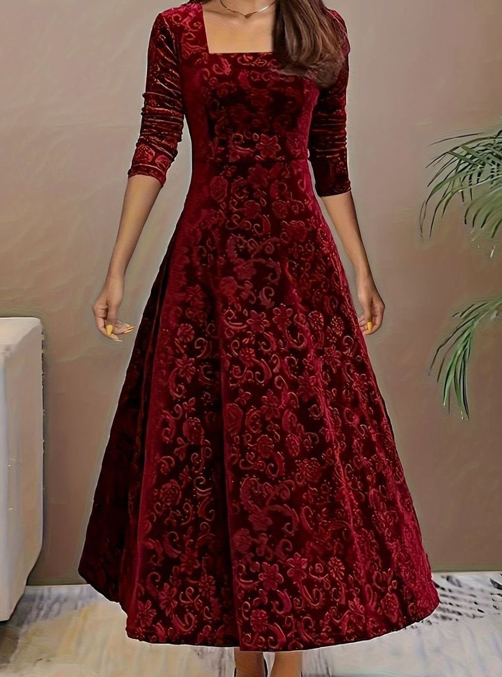 Mia | Women's Embossed Velvet Square-Neck A-Line Party Dress — view 1