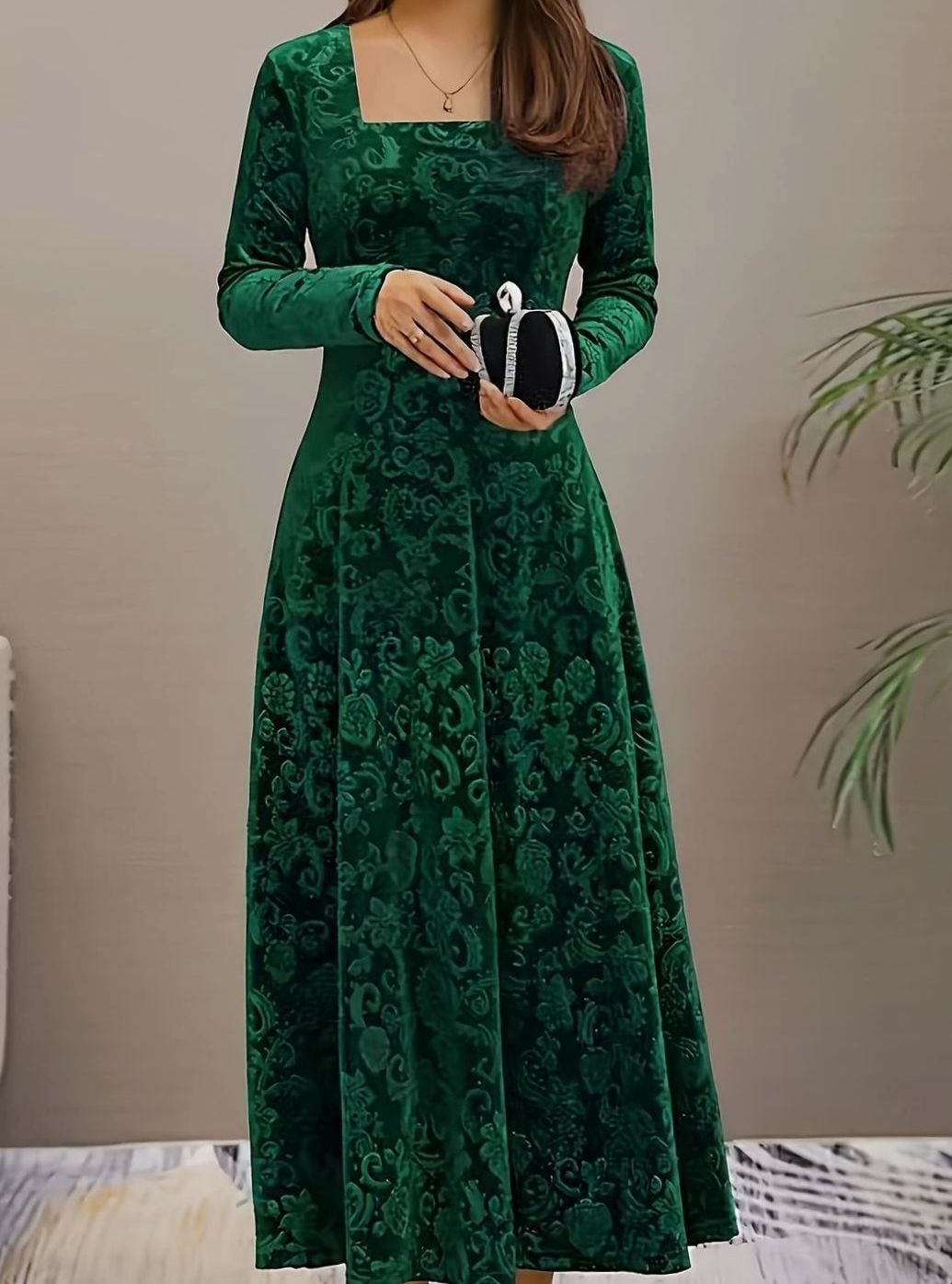 Mia | Women's Embossed Velvet Square-Neck A-Line Party Dress — view 2