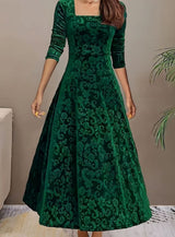 Mia | Women's Embossed Velvet Square-Neck A-Line Party Dress — view 6