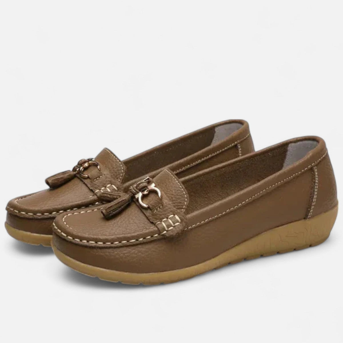 Comfortable Shoes for Women – Buckle Loafers — Brown