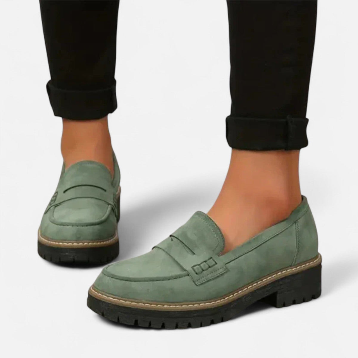 Comfortable Shoes for Women – Lug-Sole Loafers — Green