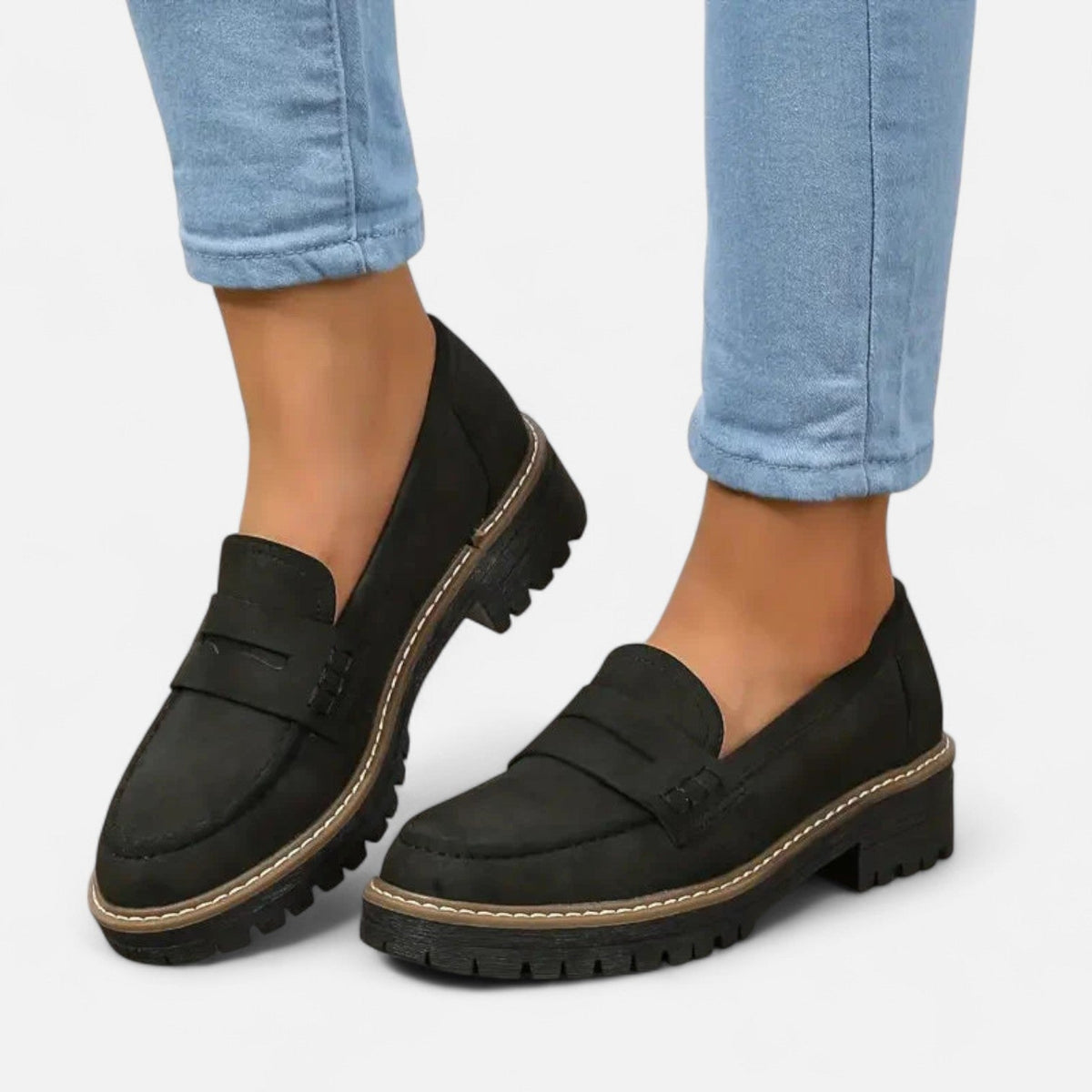 Comfortable Shoes for Women – Lug-Sole Loafers — Black