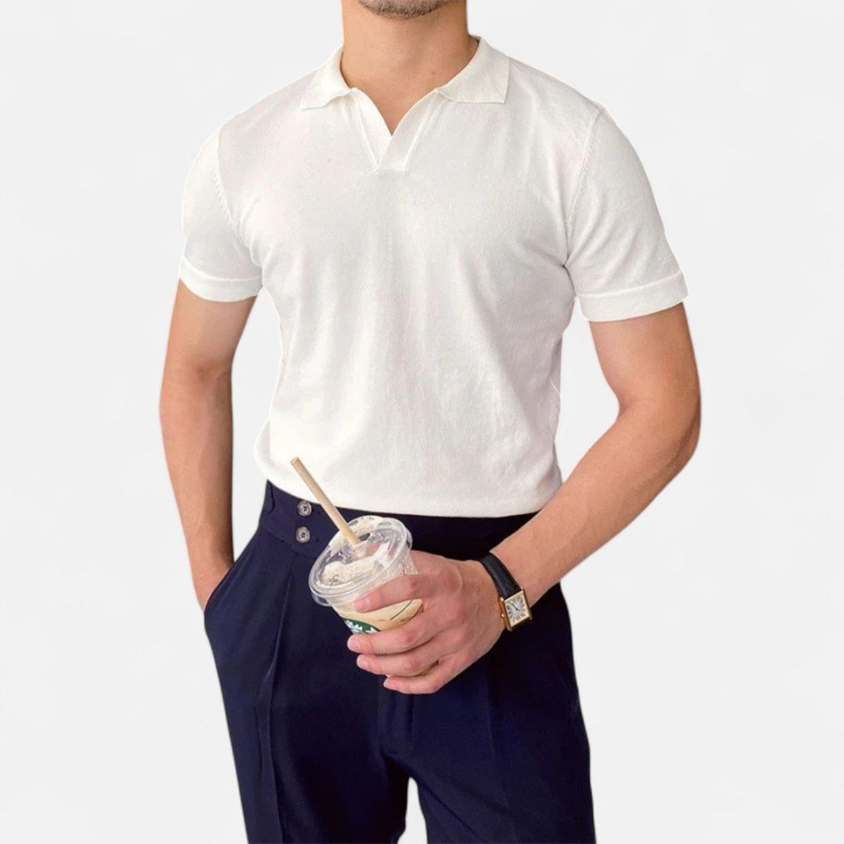 Men's V-Neck Polo – Discreet, Classic Elegance "Old Money" — White