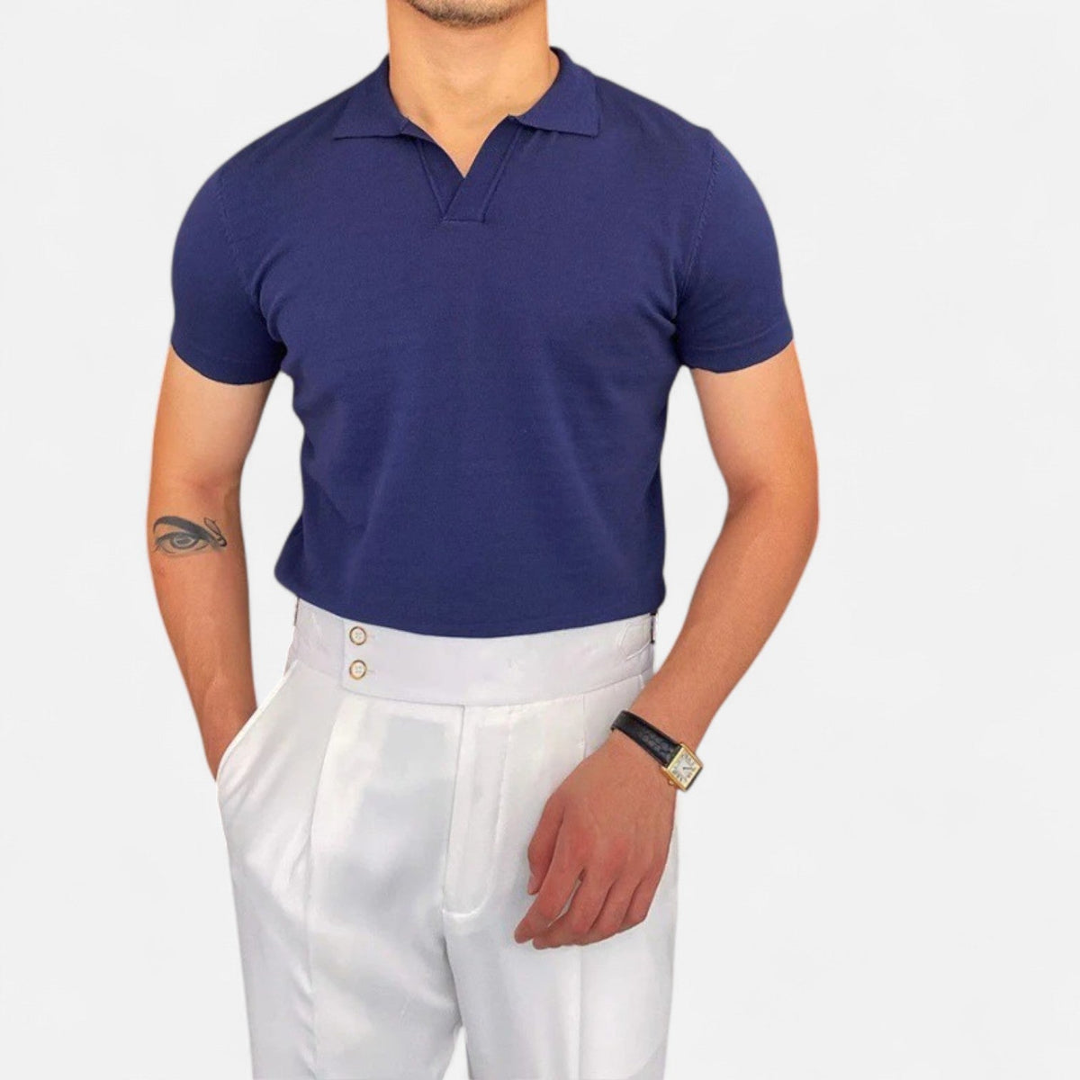 Men's V-Neck Polo – Discreet, Classic Elegance "Old Money" — Blue