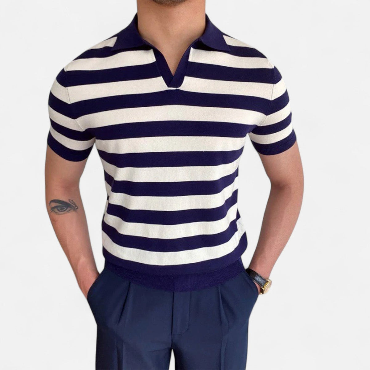 Men's V-Neck Polo – Discreet, Classic Elegance "Old Money" — Black/White