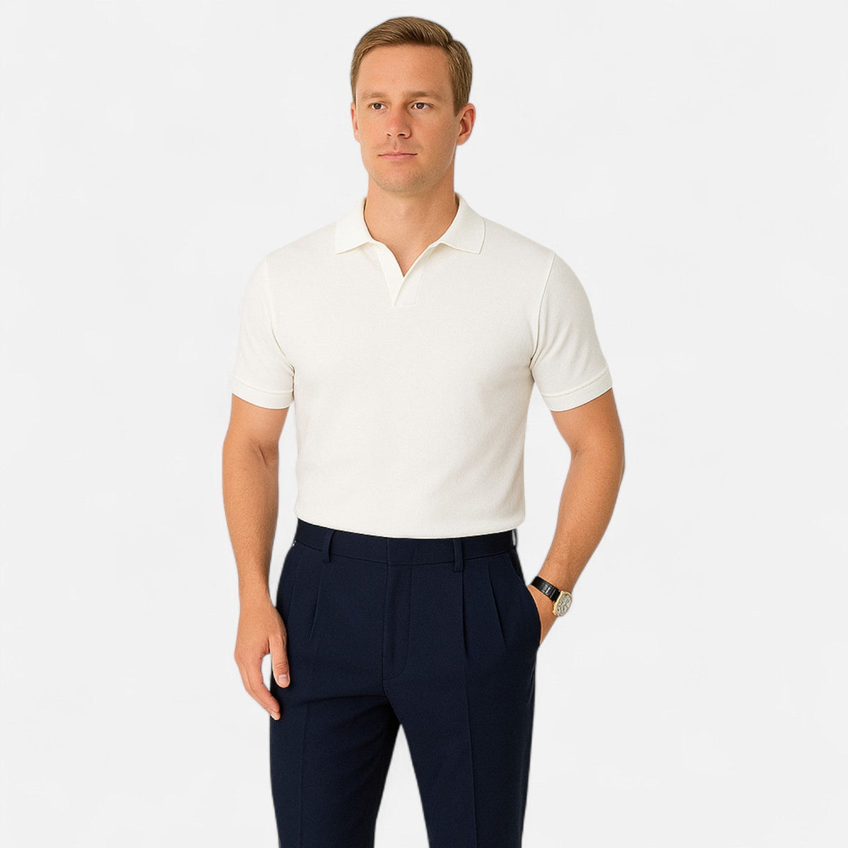 Men's V-Neck Polo – Discreet, Classic Elegance "Old Money" — White