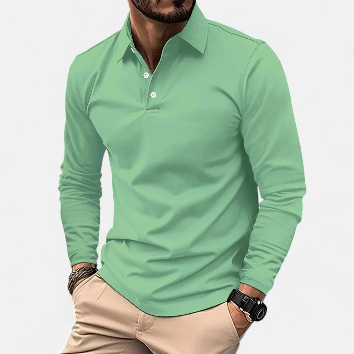Men's Long Sleeve Polo – Casual Everyday Style — Light Green