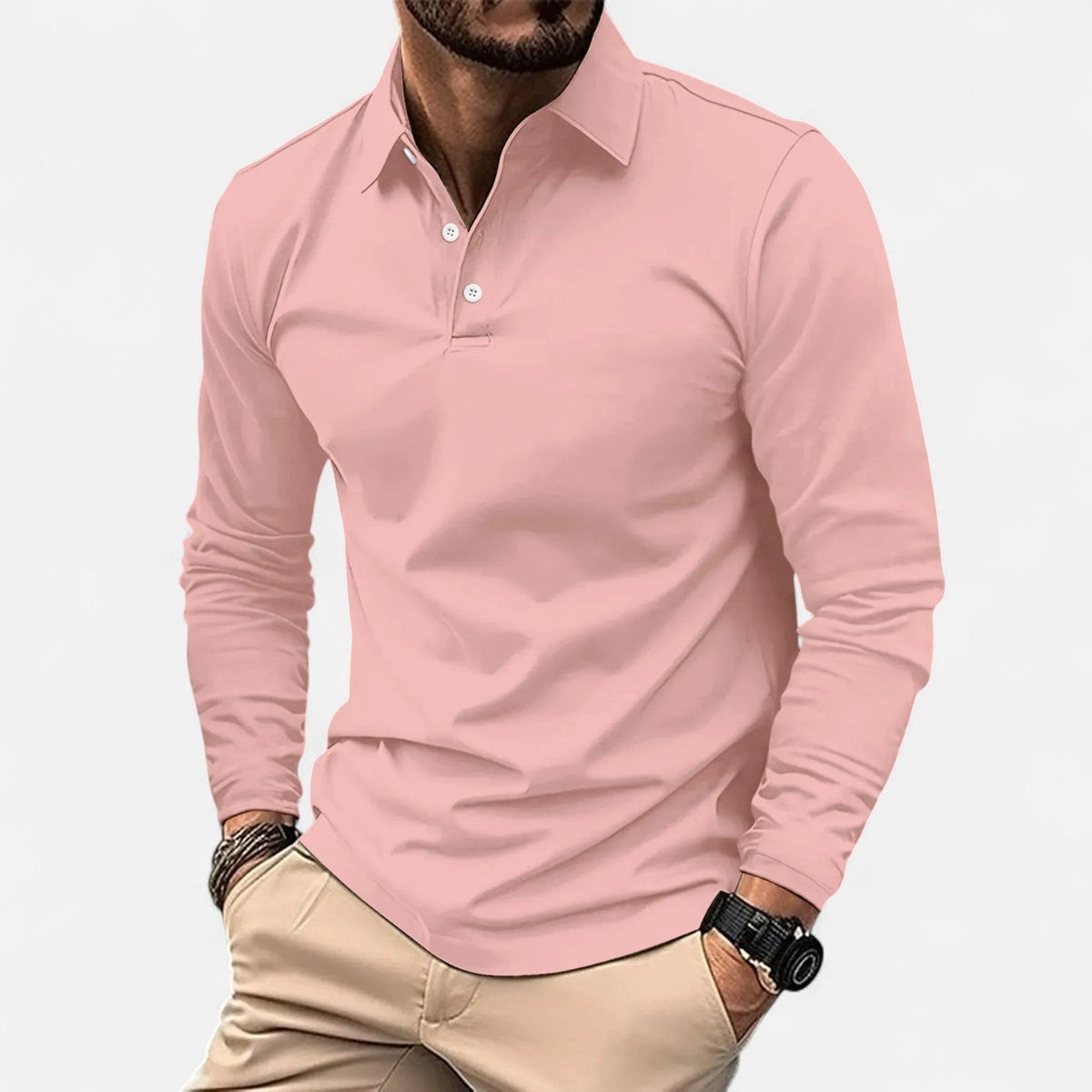 Men's Long Sleeve Polo – Casual Everyday Style — Pink