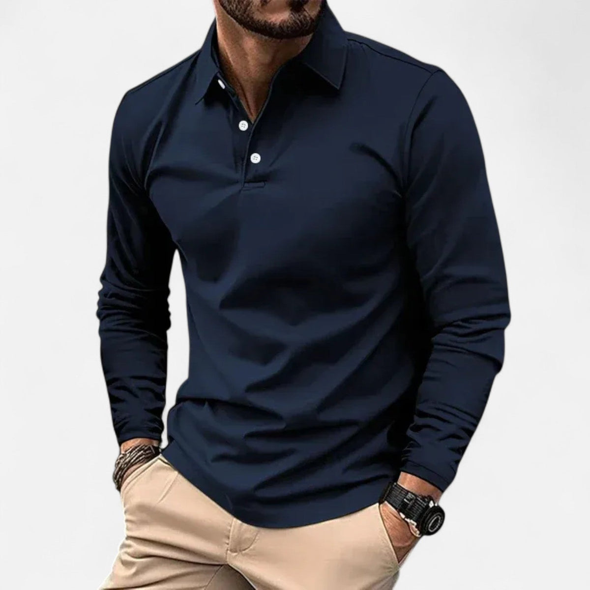 Men's Long Sleeve Polo – Casual Everyday Style — Navy Blue