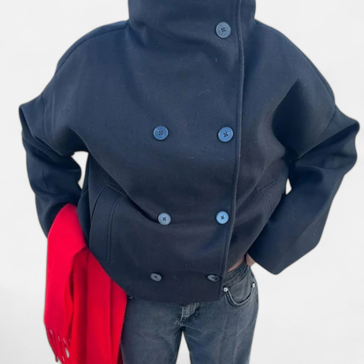 Women's Short Coat High Collar Chic — Blue