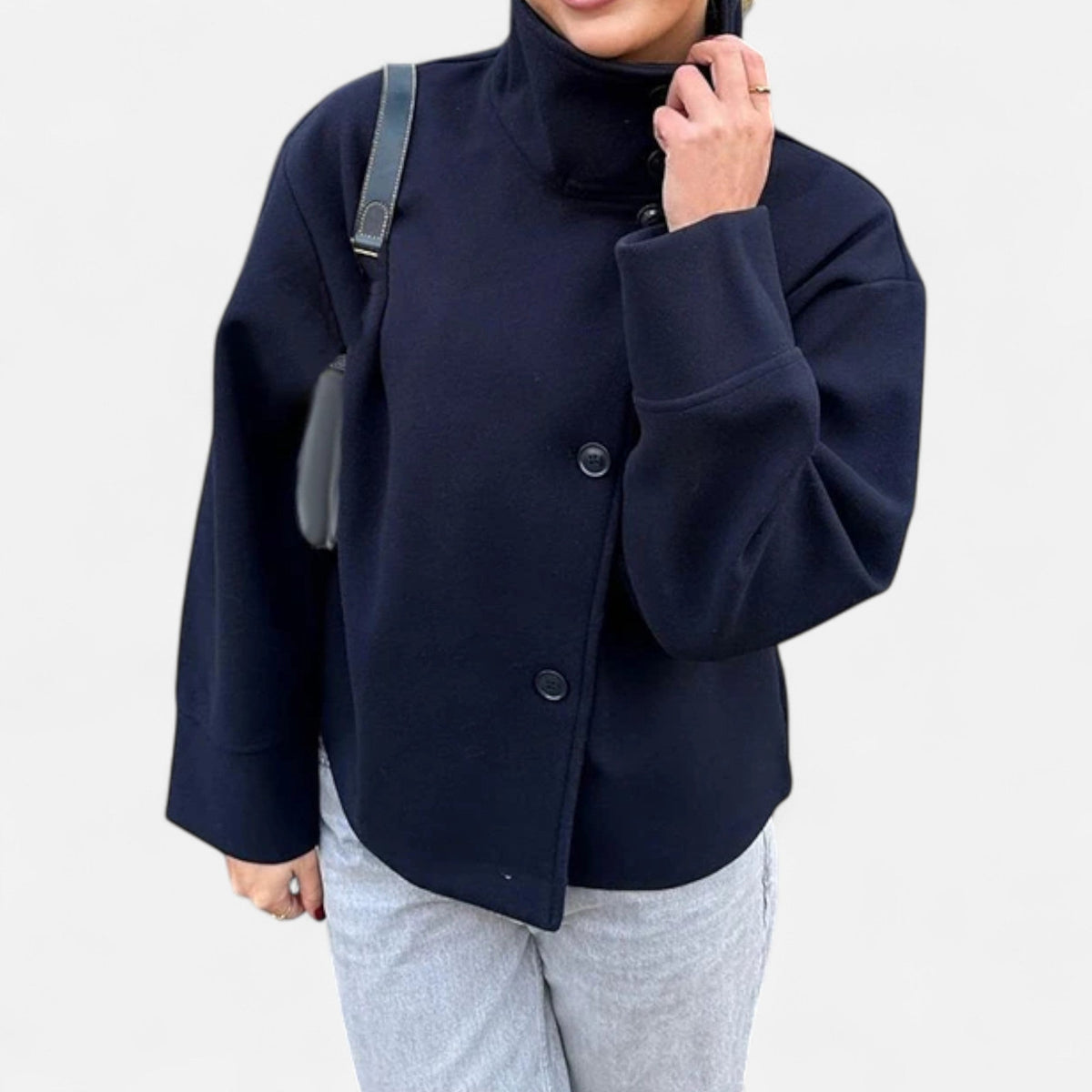 Women's Short Coat High Collar Chic — Navy