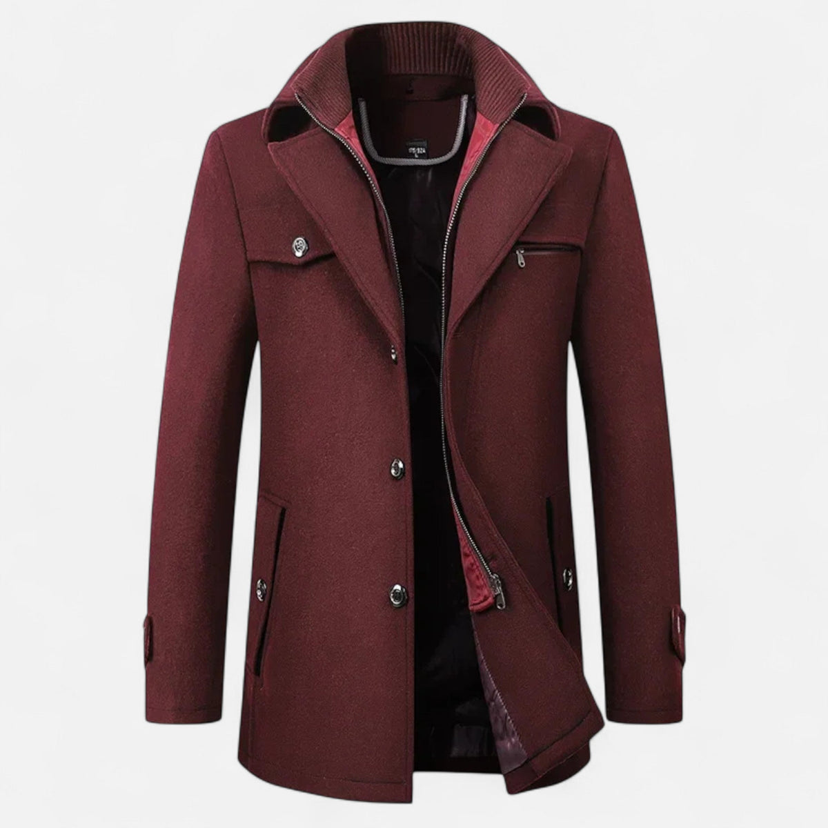Men's Trench Coat Double Collar Zipped — Burgundy