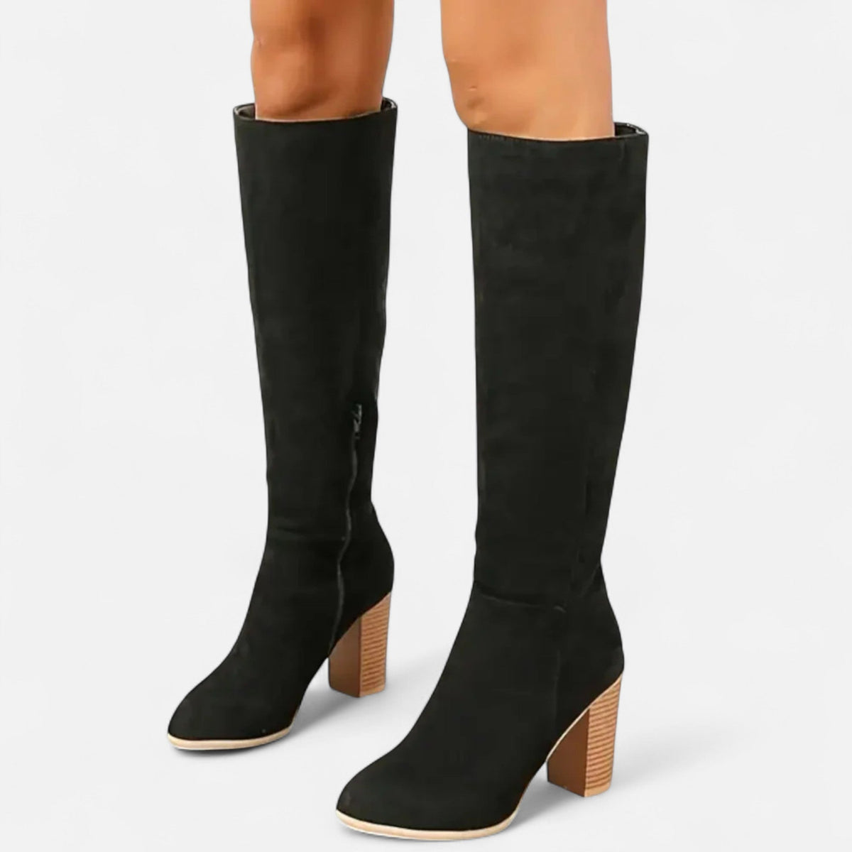 Kniehohe Damenstiefel mit Blockabsatz und seitlichem Reißverschluss — Schwarz