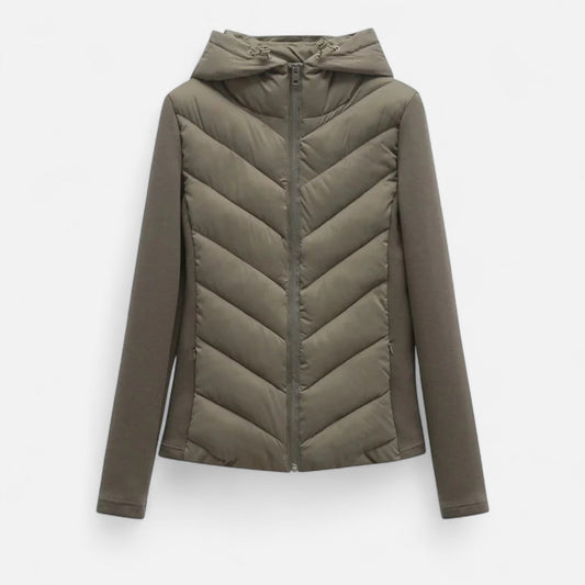 Women's Patchwork Hooded Down Jacket — Olive Green