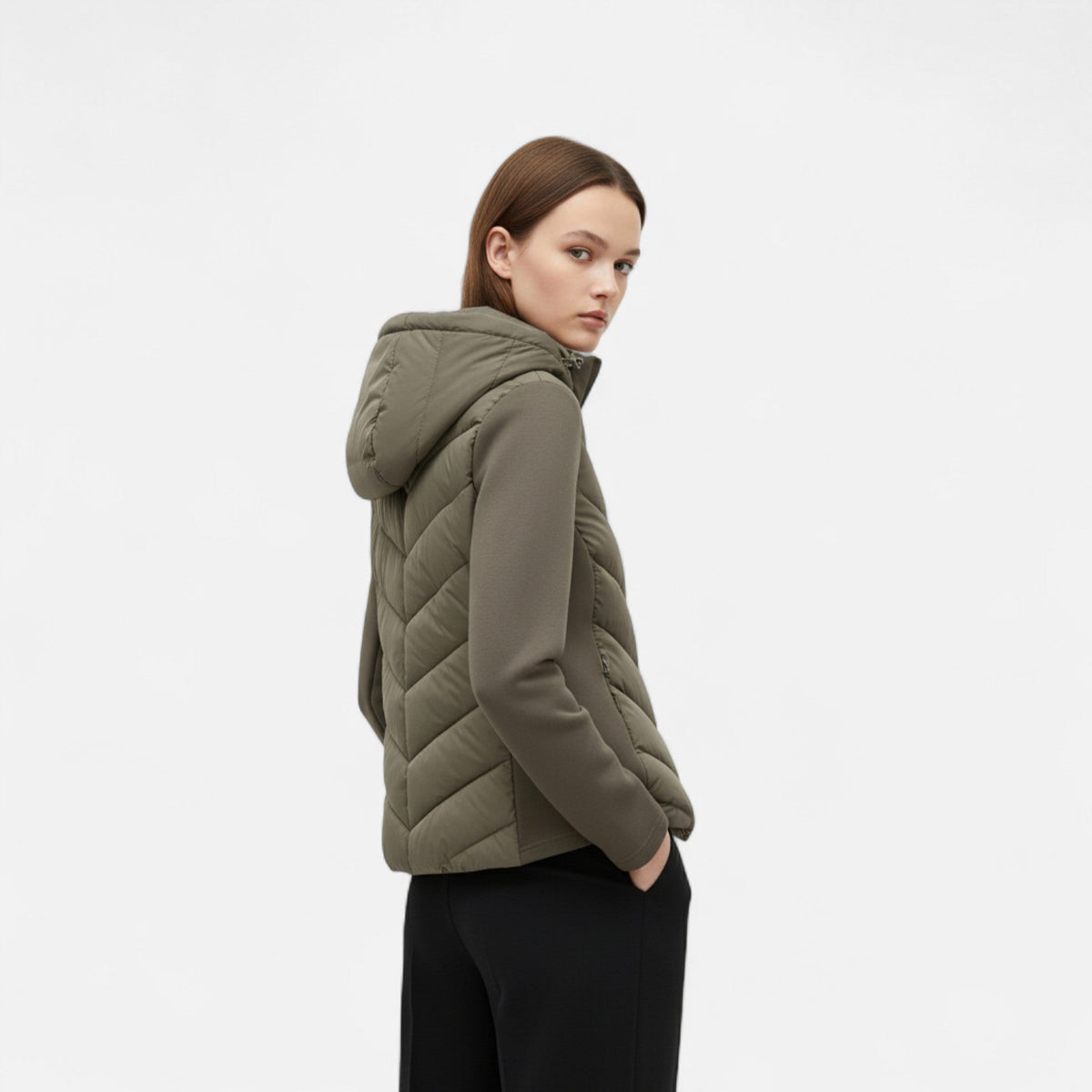 Women's Patchwork Hooded Down Jacket — Olive Green