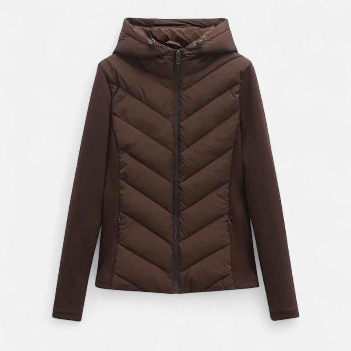 Women's Patchwork Hooded Down Jacket — Coffee