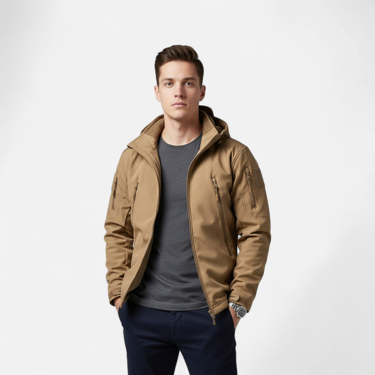 Men's Softshell Jacket with Hood — Light Brown