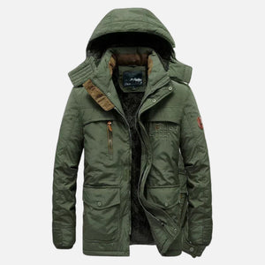 Long Men's Winter Thick Parka with Hood — Olive Green