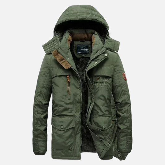 Long Men's Winter Thick Parka with Hood — Olive Green
