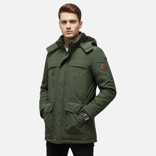 Long Men's Winter Thick Parka with Hood — Olive Green