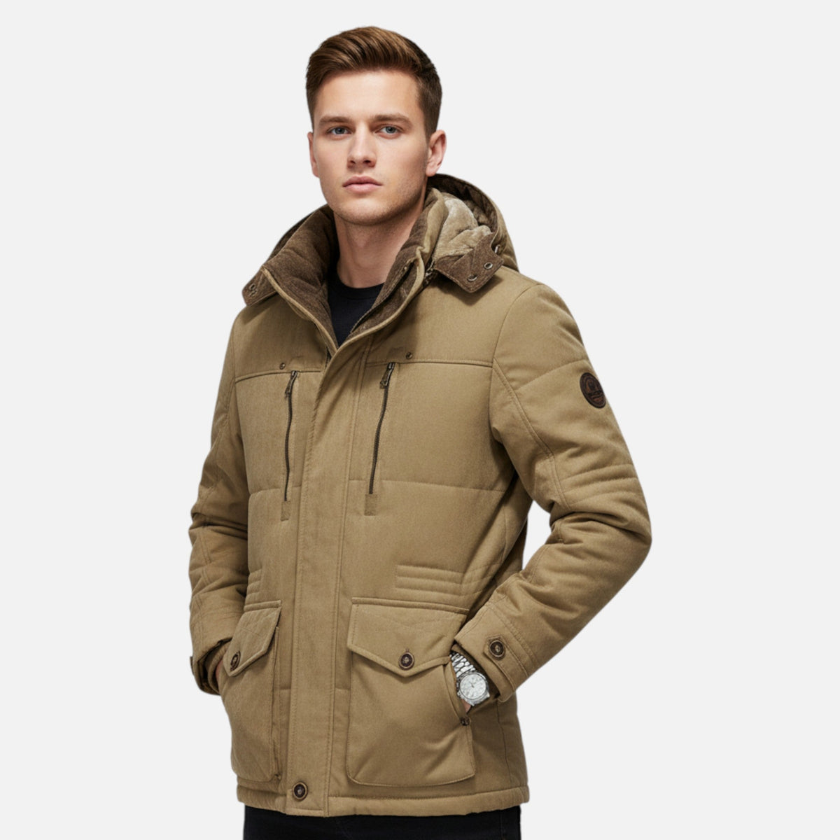 Thick Quilted Men's Parka with Hood — Khaki