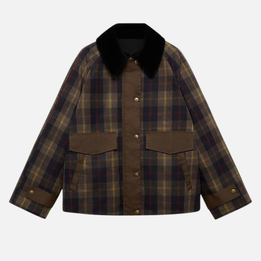 Plaid Jacket for Women – Soft Fur Collar — Coffee