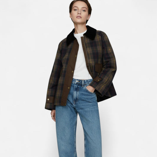 Plaid Jacket for Women – Soft Fur Collar — Coffee