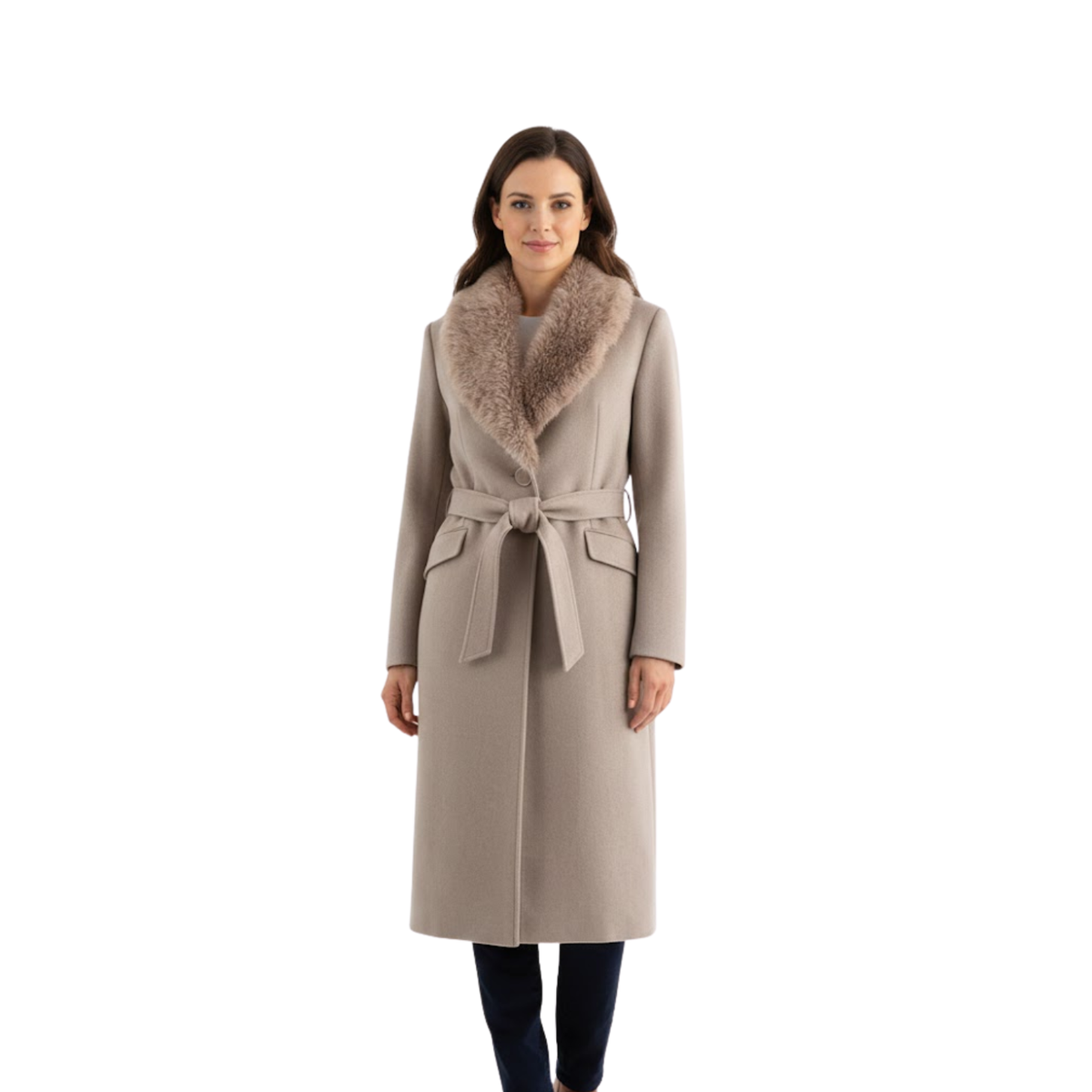 Women's Warm Belted Coat with Fur Collar for Autumn and Winter — Khaki